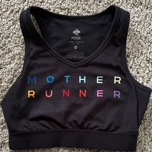 Black Sports Bra with Pink and Orange Rabbit Logo